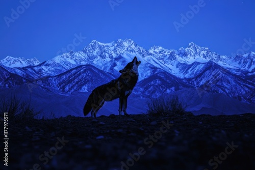 A lone wolf howling at the clear night sky, silhouetted against a backdrop of snow-covered mountains photo