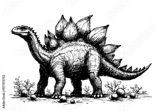 detailed artistic depiction of a stegosaurus in a prehistoric setting