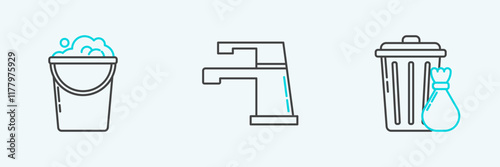 Set line Trash can and garbage bag, Bucket with foam bubbles and Water tap icon. Vector