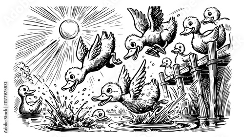 playful ducklings jumping into pond vector illustration
