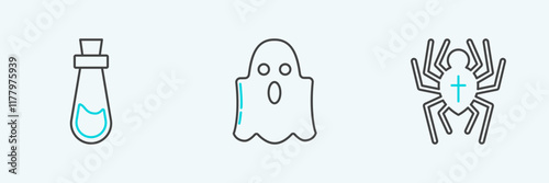 Set line Spider, Bottle with potion and Ghost icon. Vector