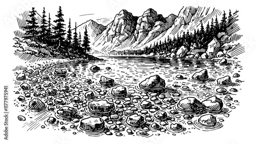 black and white vector engraving of a wild mountain stream surrounded by pine trees, emphasizing realistic textures and classic landscape design