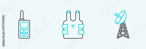 Set line Radar, Walkie talkie and Bulletproof vest for protection from bullets icon. Vector