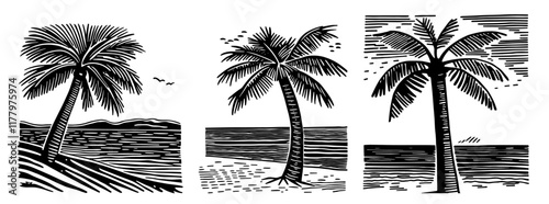 hand-drawn vector of palm trees in woodcut, engraving, and sketch styles