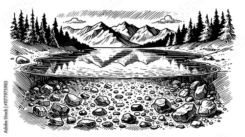 hand-drawn etching-style vector illustration of a lake with mountains and forest
