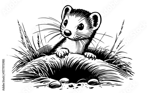 monochrome vector of a young weasel observing its surroundings, using detailed shading and an antique ink drawing effect