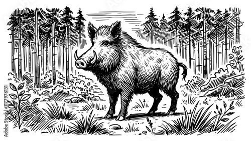 realistic monochrome illustration of a wild boar in a scenic woodland