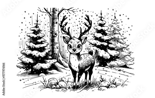 artistic monochrome drawing of a young deer surrounded by winter trees