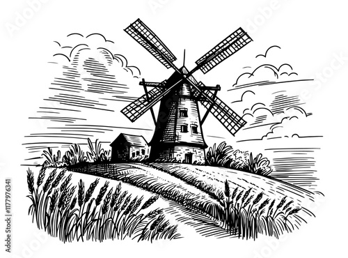 artistic black and white vector drawing of a windmill surrounded by farmland