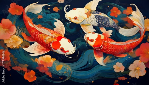 fancy carps swimming symbolizes yin and yang doitsu yamabukiogon hikari mujimono koi fish swimming together in carp pond it s taoist symbol that represents interconnected power of universe1.jpg photo