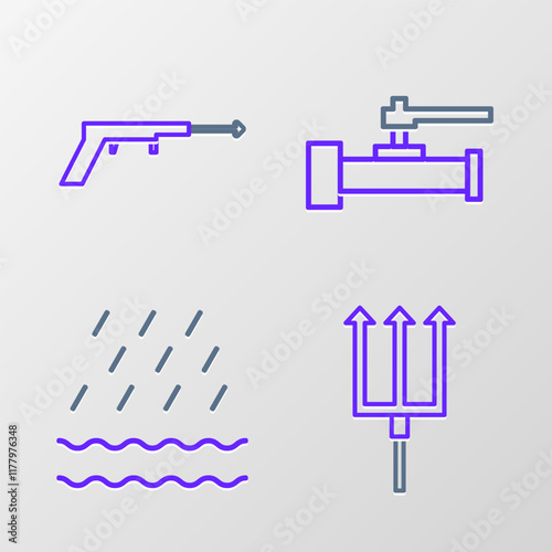 Set line Neptune Trident, Rain and waves, Industry metallic pipes valve and Fishing harpoon icon. Vector