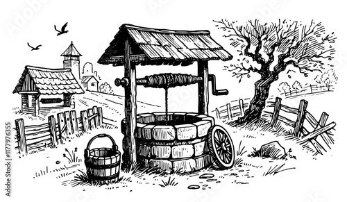 stylized vector illustration of a rustic well with surrounding countryside elements