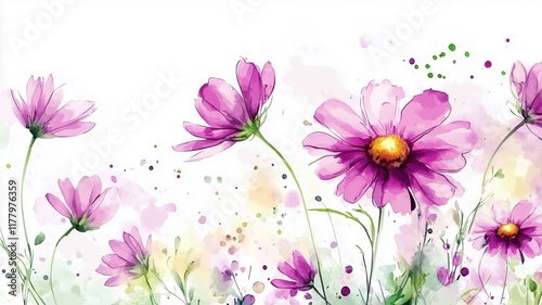 A Field of Dreams: A Watercolor Illustration of Purple Cosmos Flowers in Bloom.