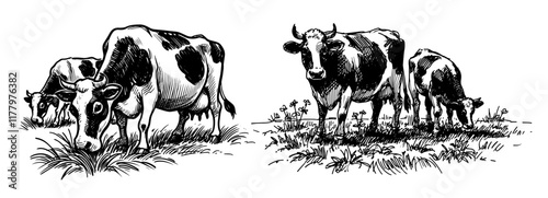 realistic vector illustration of grazing cows in vintage engraving style
