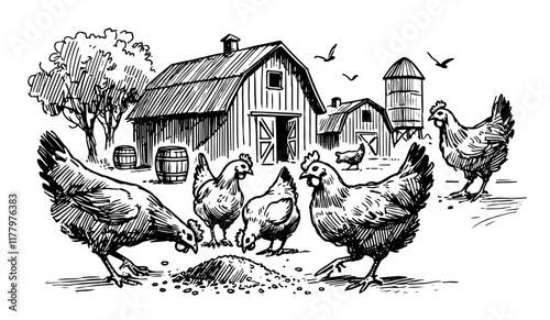 chickens feeding on countryside farm vector sketch