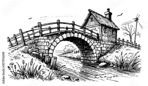 rural bridge vector with a rustic stone structure and flowing river