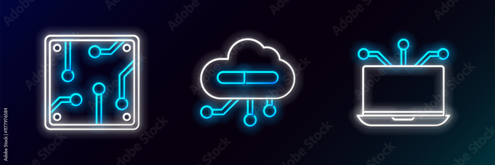 Set line Laptop, Processor and Internet of things icon. Glowing neon. Vector Set line Laptop, Processor and Internet of things icon. Glowing neon. Vector