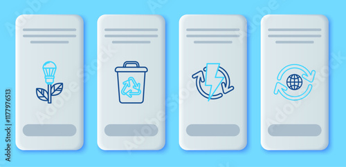 Set line Recycle bin with recycle symbol, Recharging, Light bulb leaf and Planet earth and recycling icon. Vector