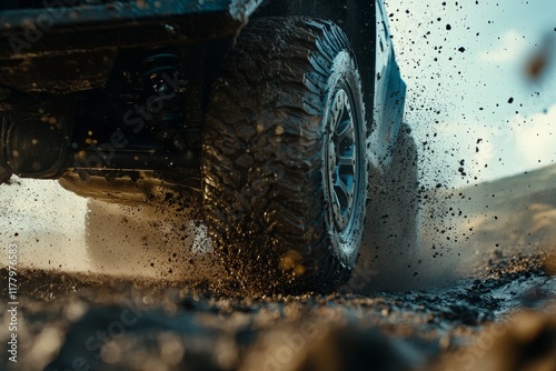 Dynamic off road adventure  close up of tires splattering mud on rugged terrain in action photo