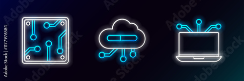 Set line Laptop, Processor and Internet of things icon. Glowing neon. Vector