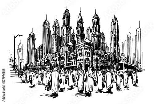 stylized vector illustration of a mosque and modern city architecture in bold design