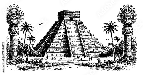 elegant line art of a Mayan architectural masterpiece with cultural symbols
