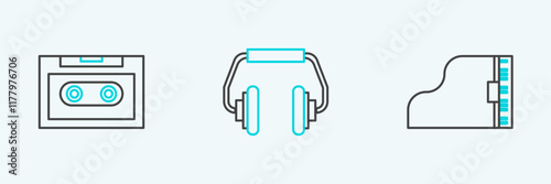 Set line Grand piano, Retro audio cassette tape and Headphones icon. Vector