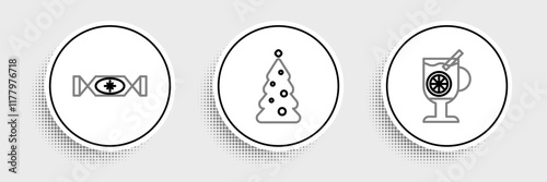 Set line Mulled wine with glass of drink, Candy and Christmas tree decorations icon. Vector