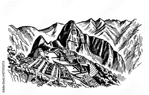 artistic black and white vector drawing of the ancient Incan city of Machu Picchu