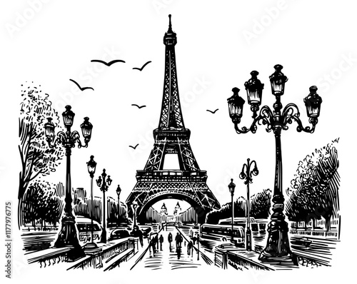creative black and white drawing of the Eiffel Tower in an elegant style