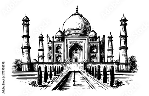 hand-drawn vector design of taj mahal in black and white, showcasing its intricate domes and towers