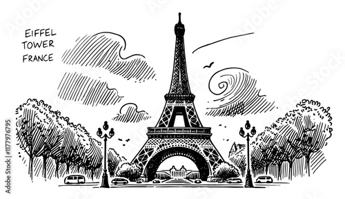 artistic monochrome depiction of the Eiffel Tower in Paris, France
