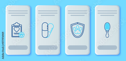 Set line Dog and pills, Animal health insurance, Clipboard with medical clinical record pet and Hair brush for dog cat icon. Vector