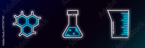 Set line Laboratory glassware or beaker, Chemical formula and Test tube and flask chemical icon. Glowing neon. Vector