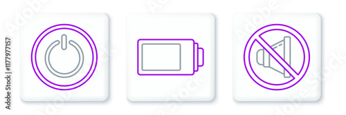 Set line Speaker mute, Power button and Battery charge level indicator icon. Vector