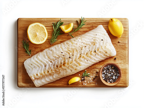 Fresh Raw Fish with Lemon and Seasoning Ingredients, Raw Fish Fillet Ready with Lemon and Salt Pepper photo