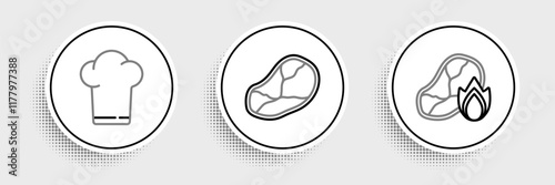 Set line Grilled steak meat and fire flame, Chef hat and Steak icon. Vector
