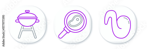 Set line Fried chicken wing, Barbecue grill and Steak meat frying pan icon. Vector