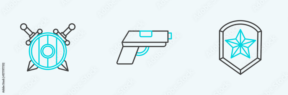 Set line Police badge, Wooden shield with crossed swords and Pistol gun icon. Vector Set line Police badge, Wooden shield with crossed swords and Pistol gun icon. Vector