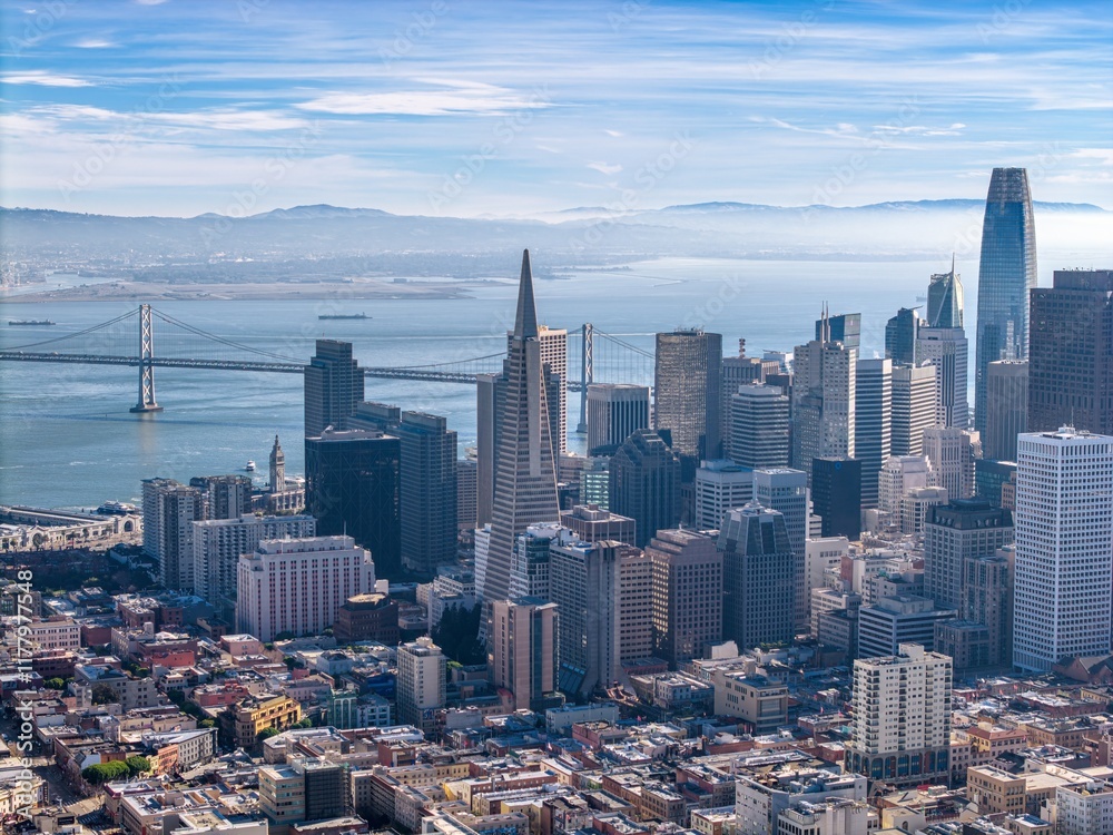 Fototapeta premium Aerial view of Downtown district of San Francisco skyline on a sunny day, California.