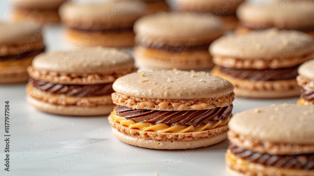 Gourmet macarons with chocolate and caramel, elegant French dessert close-up, creamy almond cookies, artisanal baked treats on light surface, luxury dessert styling
Gourmet macarons with chocolate and caramel, elegant French dessert close-up, creamy almond cookies, artisanal baked treats on light surface, luxury dessert styling