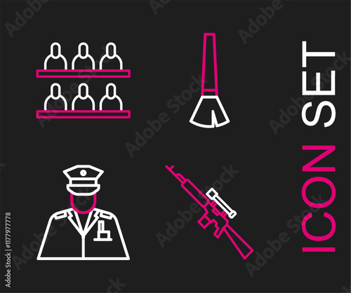 Set line Sniper rifle with scope, Police officer, Paint brush and Jurors icon. Vector
