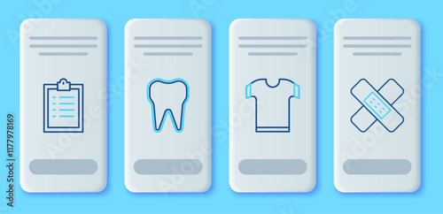 Set line Tooth, T-shirt, Clipboard with checklist and Crossed bandage plaster icon. Vector