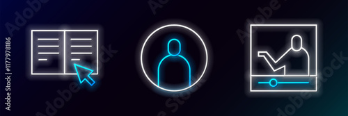 Set line Online education, book and Create account screen icon. Glowing neon. Vector