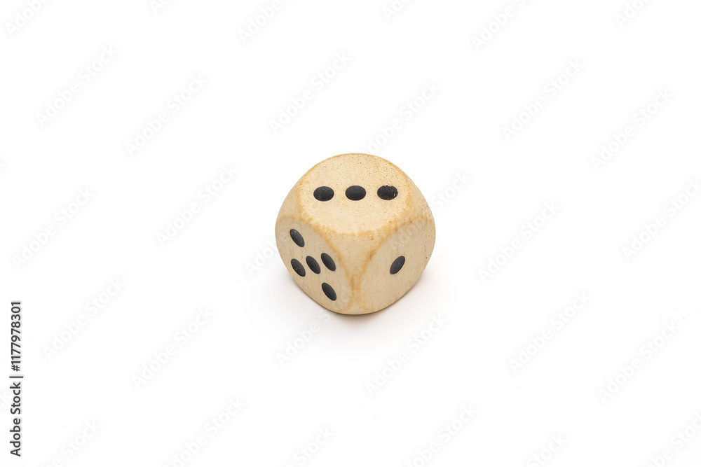 White Wooden Dice with Three Pips on Top, Isolated on White Background White Wooden Dice with Three Pips on Top, Isolated on White Background