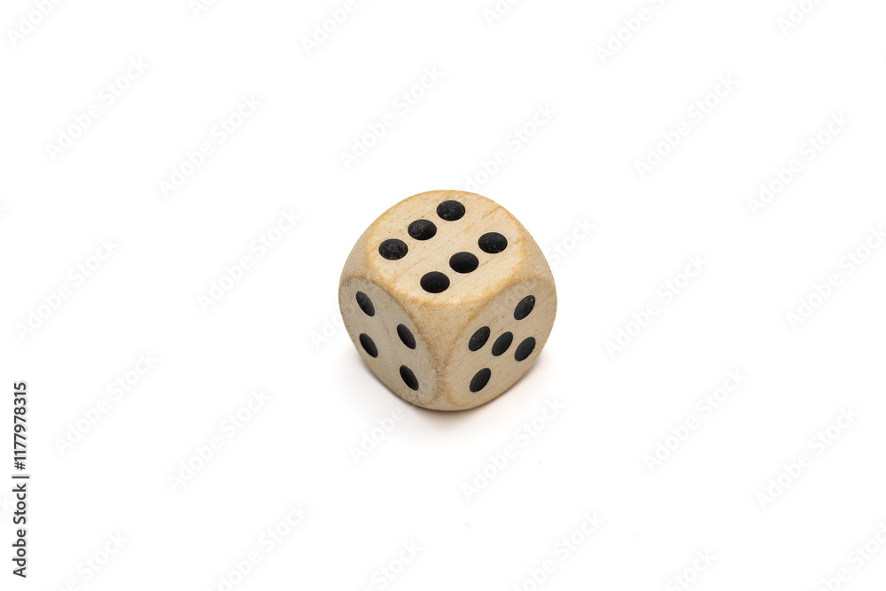 White Wooden Dice Showing Six, Isolated on White Background White Wooden Dice Showing Six, Isolated on White Background