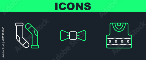 Set line Waistcoat, Socks and Bow tie icon. Vector