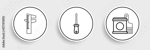 Set line Paint bucket and brush, Calliper or caliper scale and Screwdriver icon. Vector