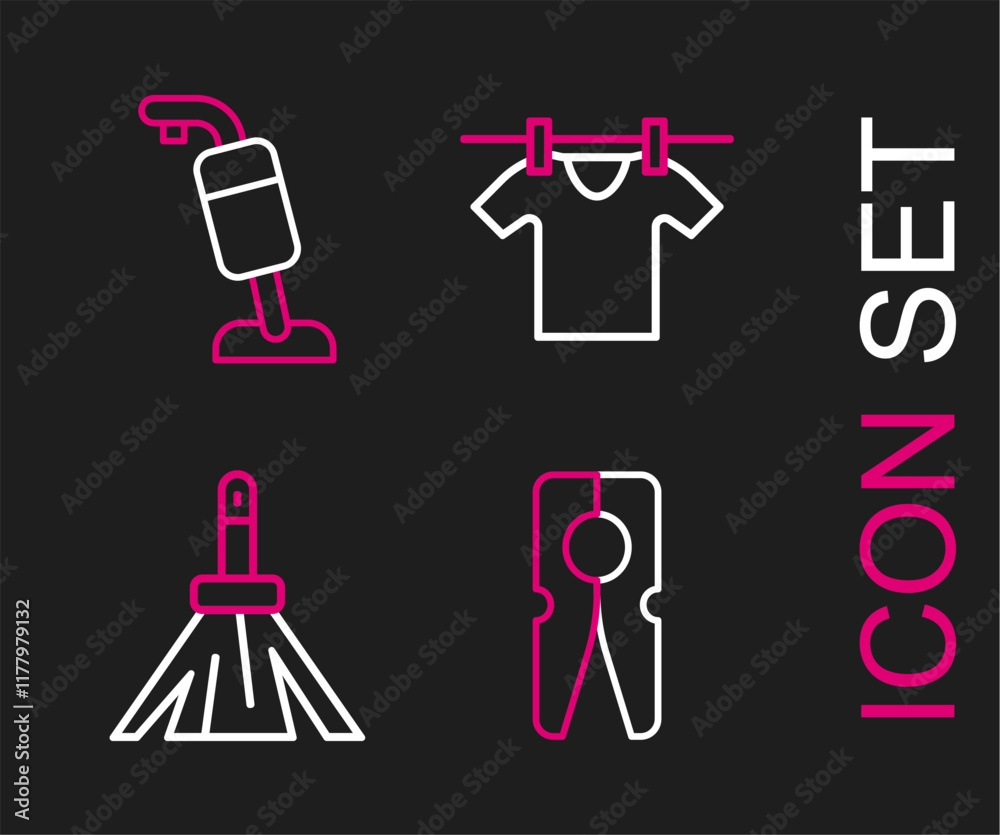 Set line Clothes pin, Handle broom, Drying clothes and Vacuum cleaner icon. Vector Set line Clothes pin, Handle broom, Drying clothes and Vacuum cleaner icon. Vector