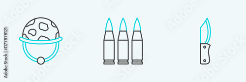 Set line Military knife, helmet and Bullet icon. Vector